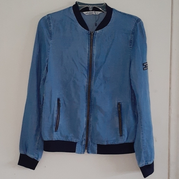 Zara Basic Chambray Denim Zip-Up Bomber Jacket Size S - Picture 3 of 10